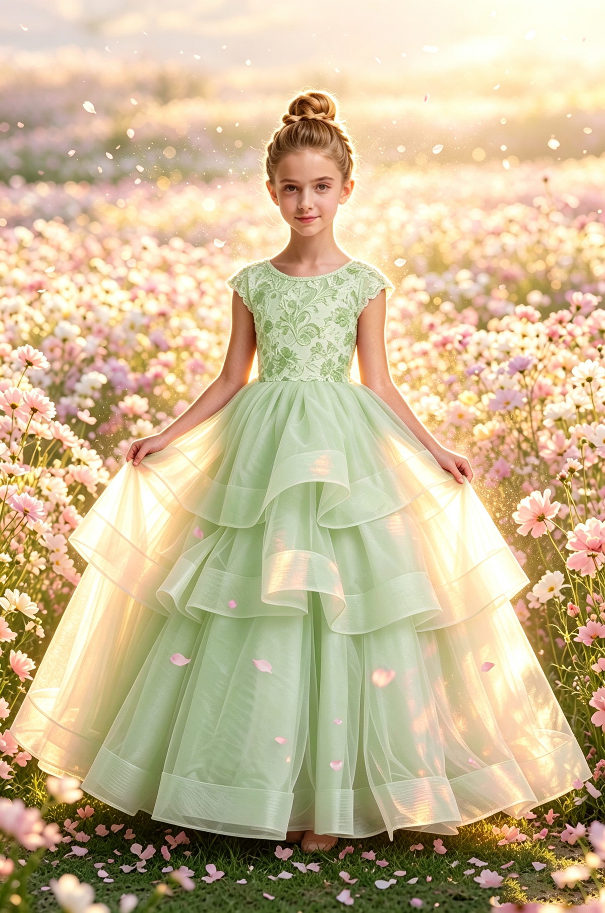 Pink Lace Cap Sleeve Tiered Tulle Big Satin Back Bow Full A-Line Dress