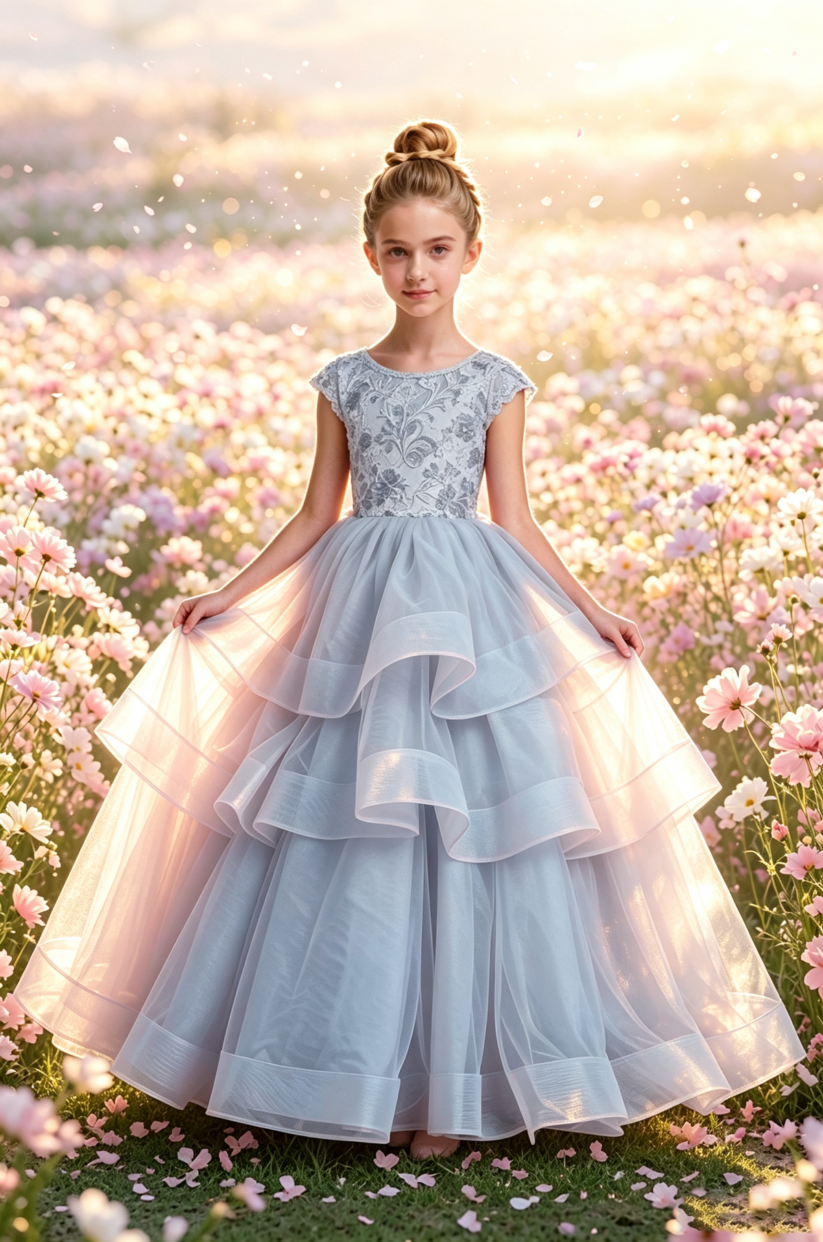 Pink Lace Cap Sleeve Tiered Tulle Big Satin Back Bow Full A-Line Dress