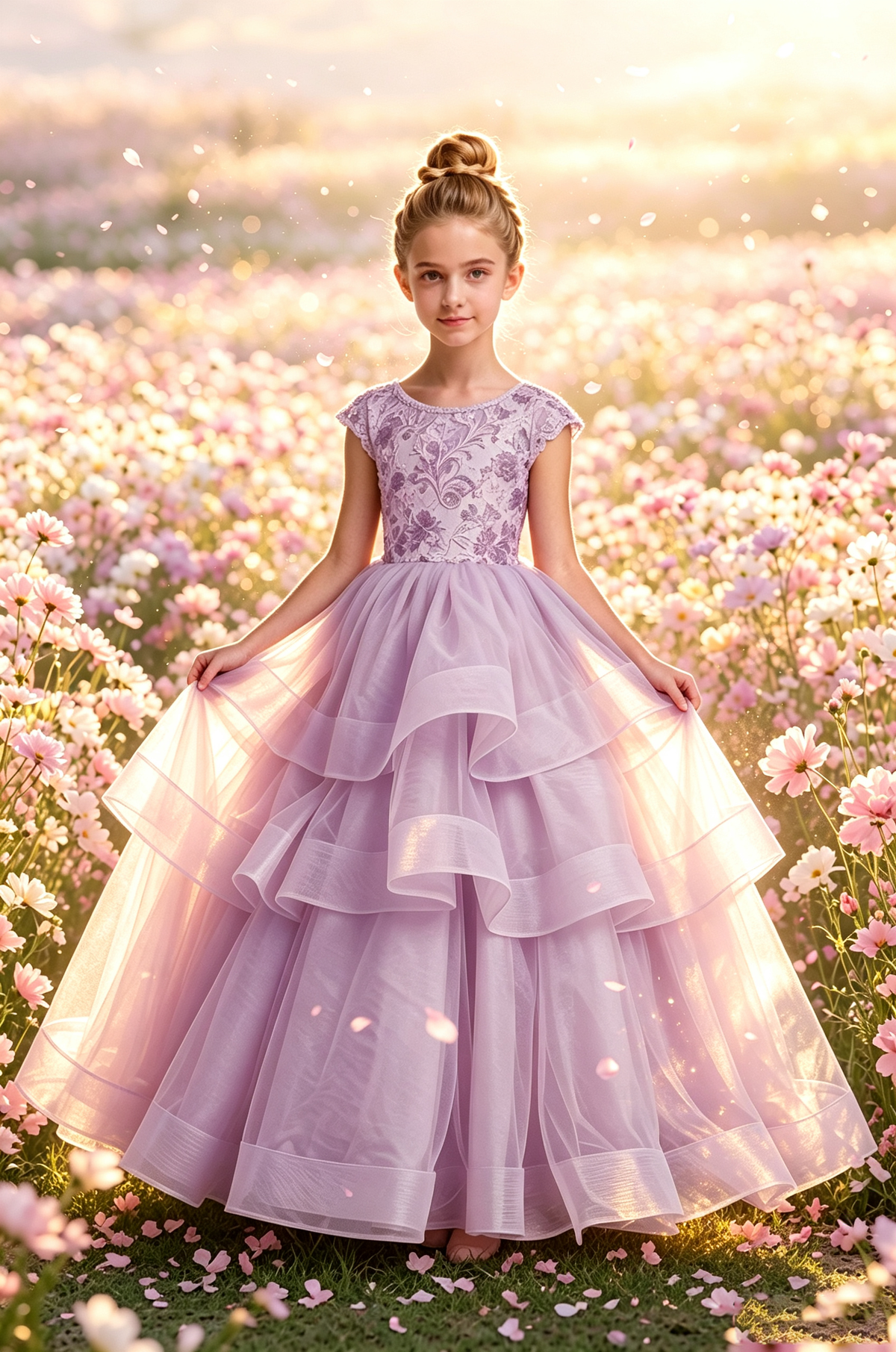 Pink Lace Cap Sleeve Tiered Tulle Big Satin Back Bow Full A-Line Dress