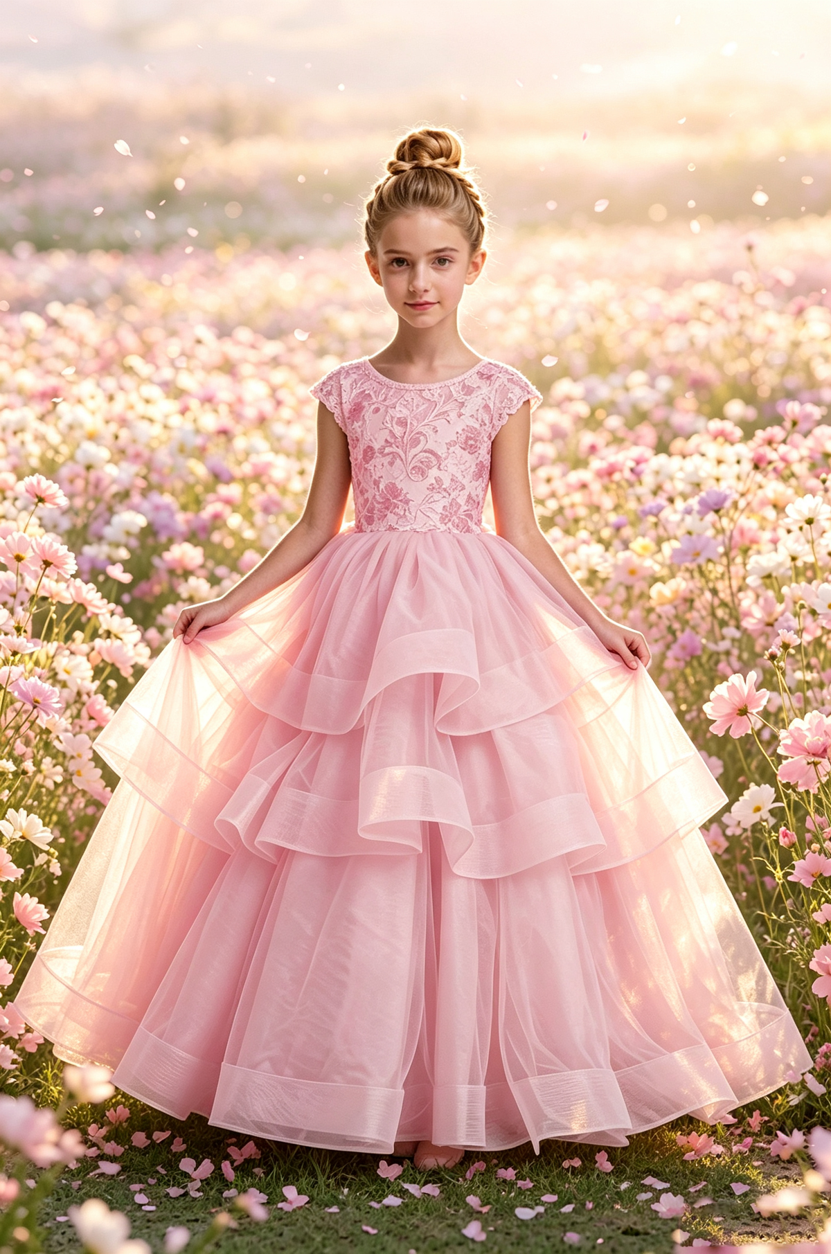 Pink Lace Cap Sleeve Tiered Tulle Big Satin Back Bow Full A-Line Dress