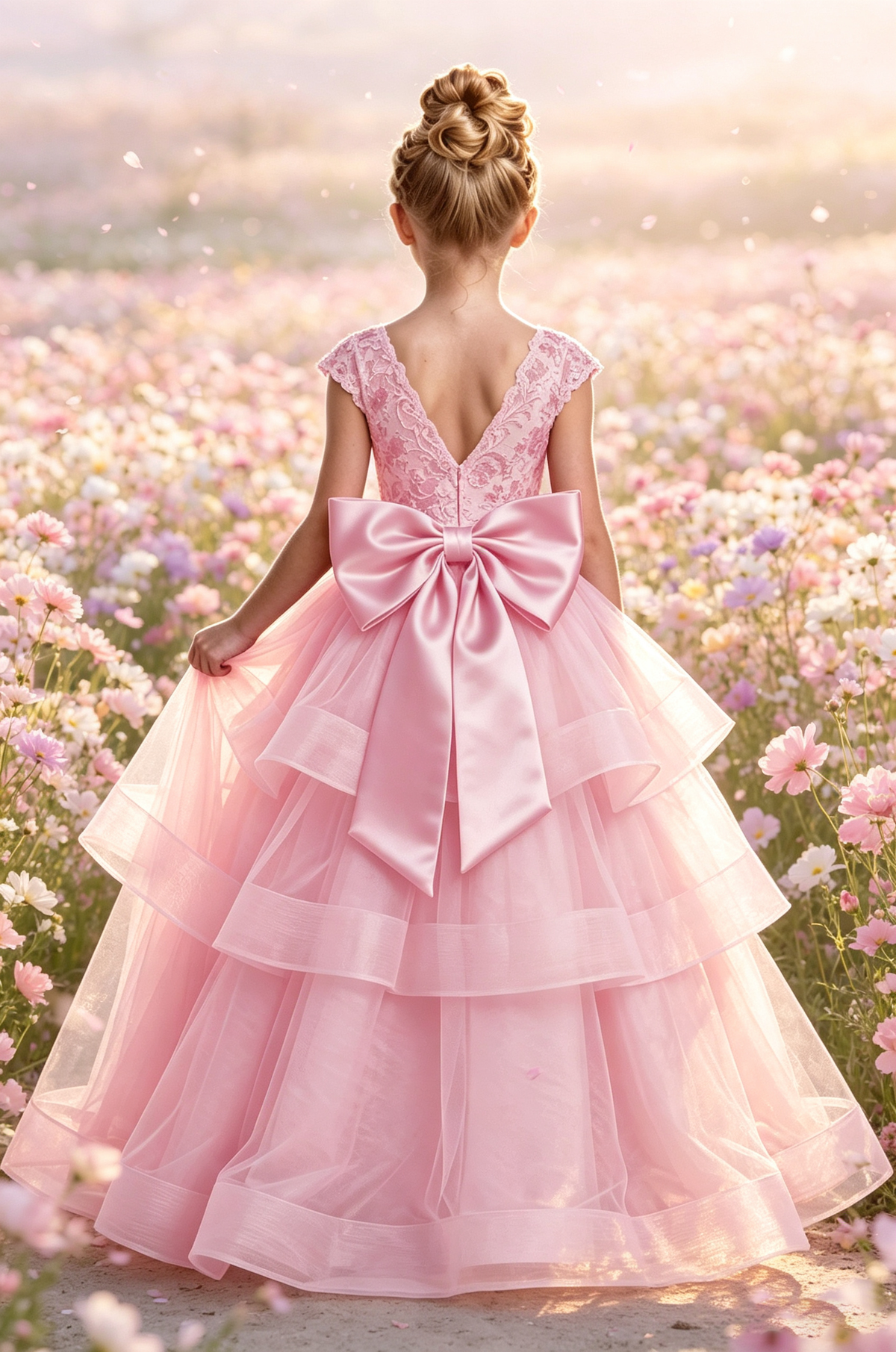 Pink Lace Cap Sleeve Tiered Tulle Big Satin Back Bow Full A-Line Dress