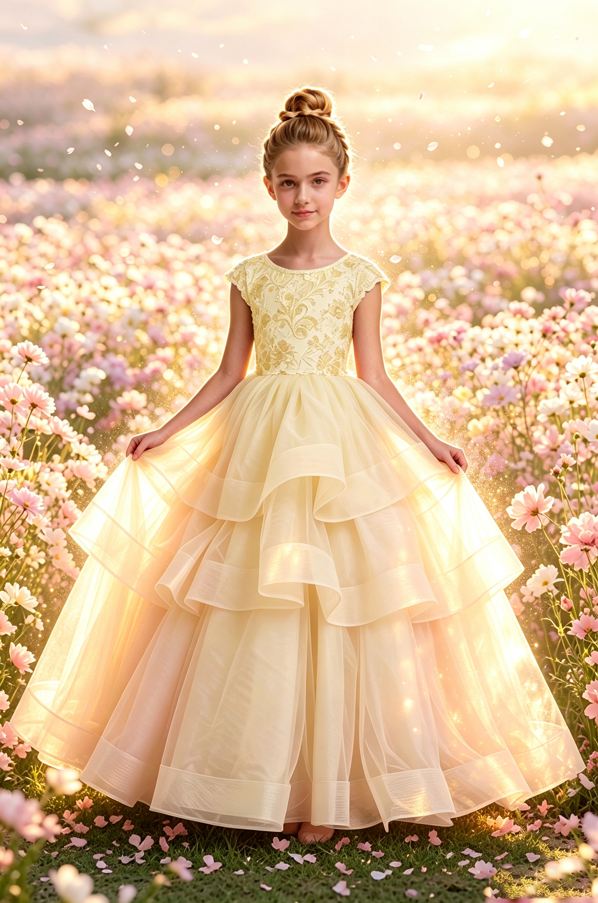 Pink Lace Cap Sleeve Tiered Tulle Big Satin Back Bow Full A-Line Dress