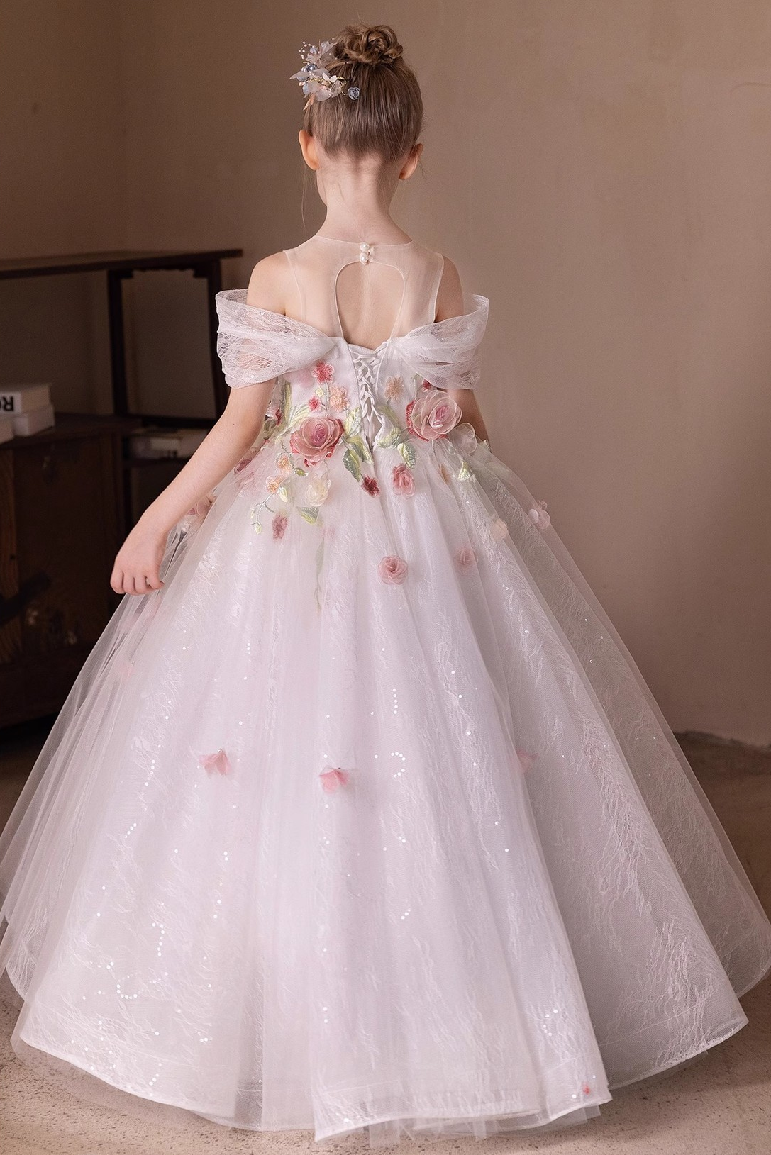 White 3D Floral Lace Tulle Off-Shoulder Full A-Line Flower Girl Maxi Dress