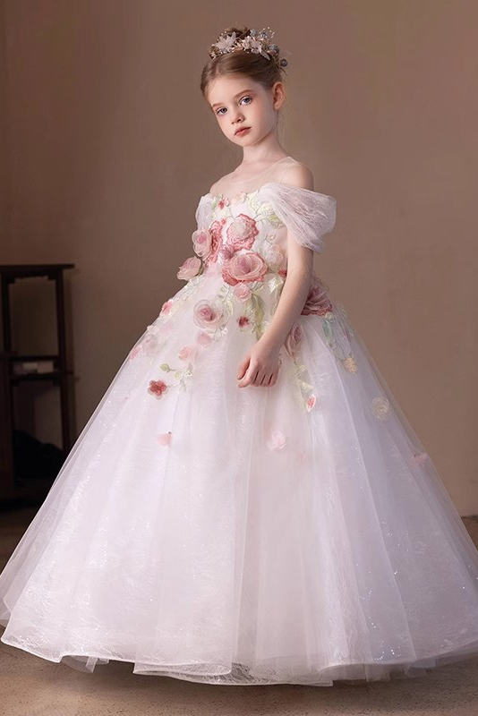 White 3D Floral Lace Tulle Off-Shoulder Full A-Line Flower Girl Maxi Dress