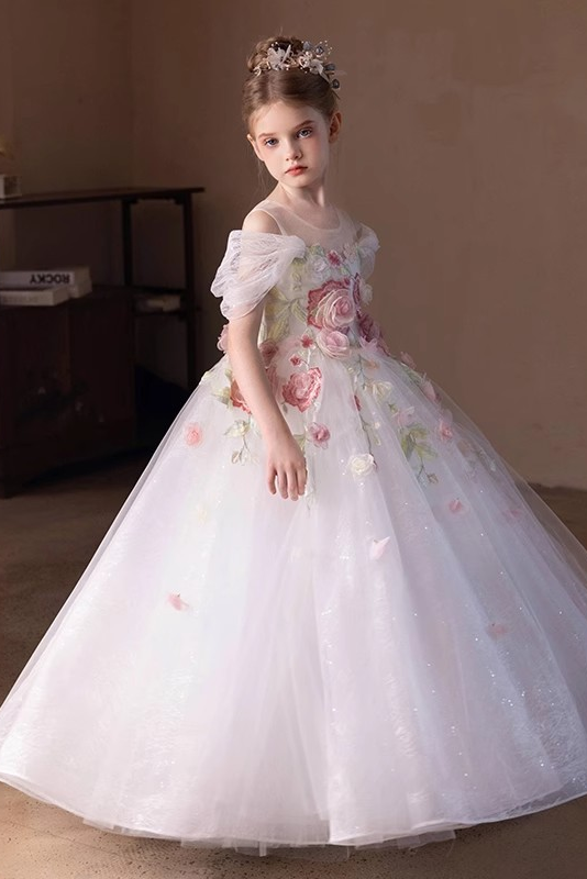 White 3D Floral Lace Tulle Off-Shoulder Full A-Line Flower Girl Maxi Dress
