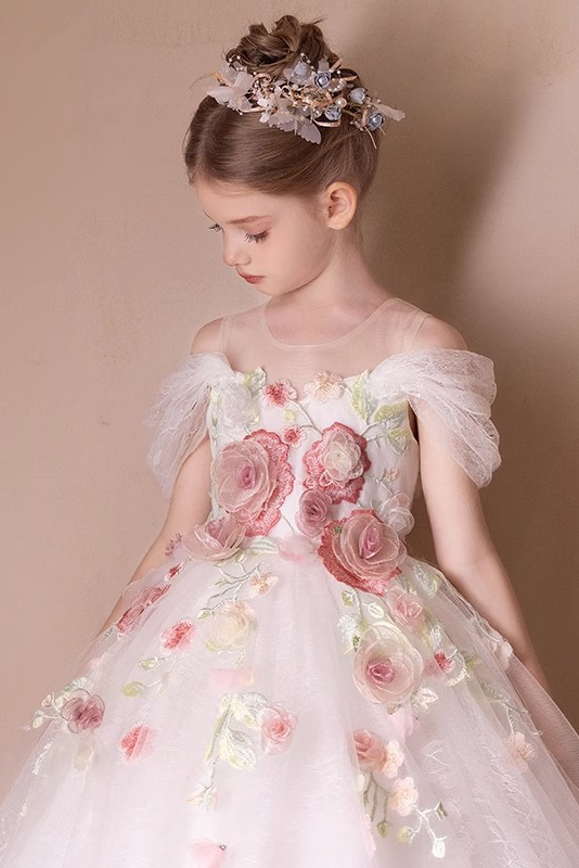 White 3D Floral Lace Tulle Off-Shoulder Full A-Line Flower Girl Maxi Dress