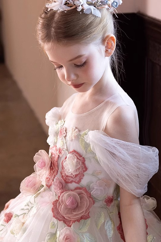 White 3D Floral Lace Tulle Off-Shoulder Full A-Line Flower Girl Maxi Dress
