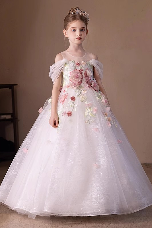 White 3D Floral Lace Tulle Off-Shoulder Full A-Line Flower Girl Maxi Dress