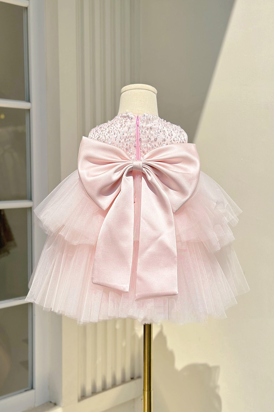 Pink Sequin Pearl Sleeveless Big Satin Bow Layer Tulle A-Line Dress