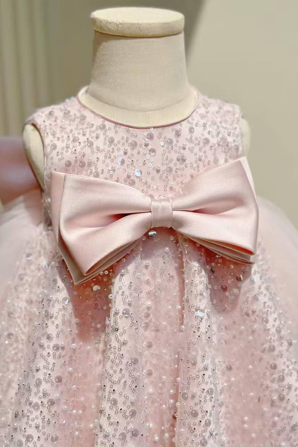 Pink Sequin Pearl Sleeveless Big Satin Bow Layer Tulle A-Line Dress
