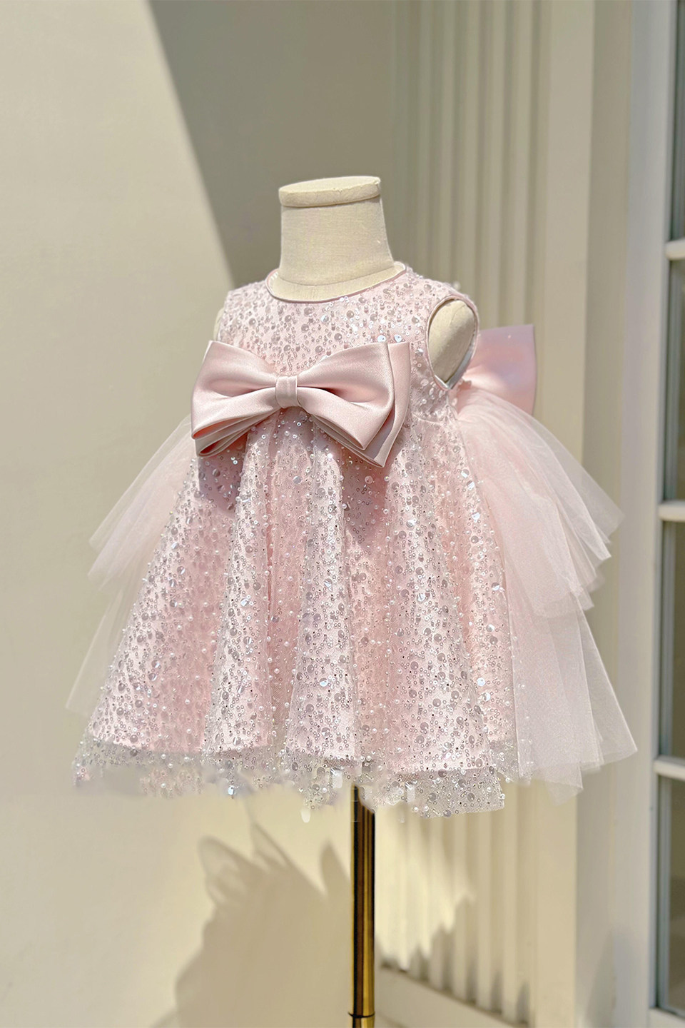 Pink Sequin Pearl Sleeveless Big Satin Bow Layer Tulle A-Line Dress