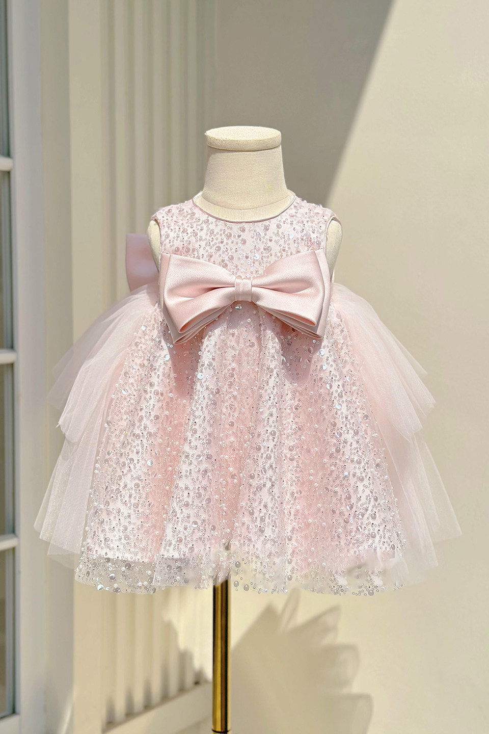 Pink Sequin Pearl Sleeveless Big Satin Bow Layer Tulle A-Line Dress