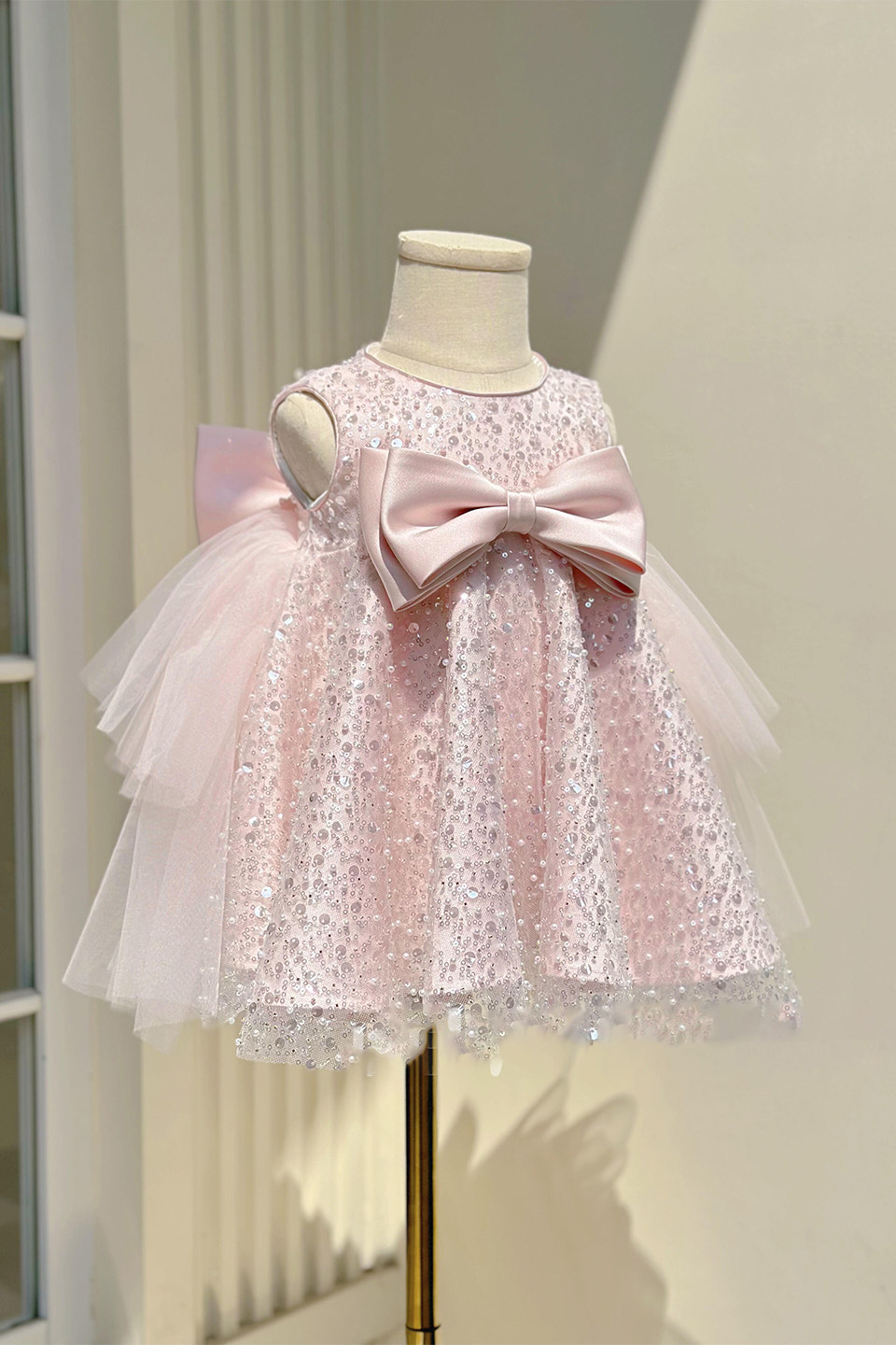 Pink Sequin Pearl Sleeveless Big Satin Bow Layer Tulle A-Line Dress