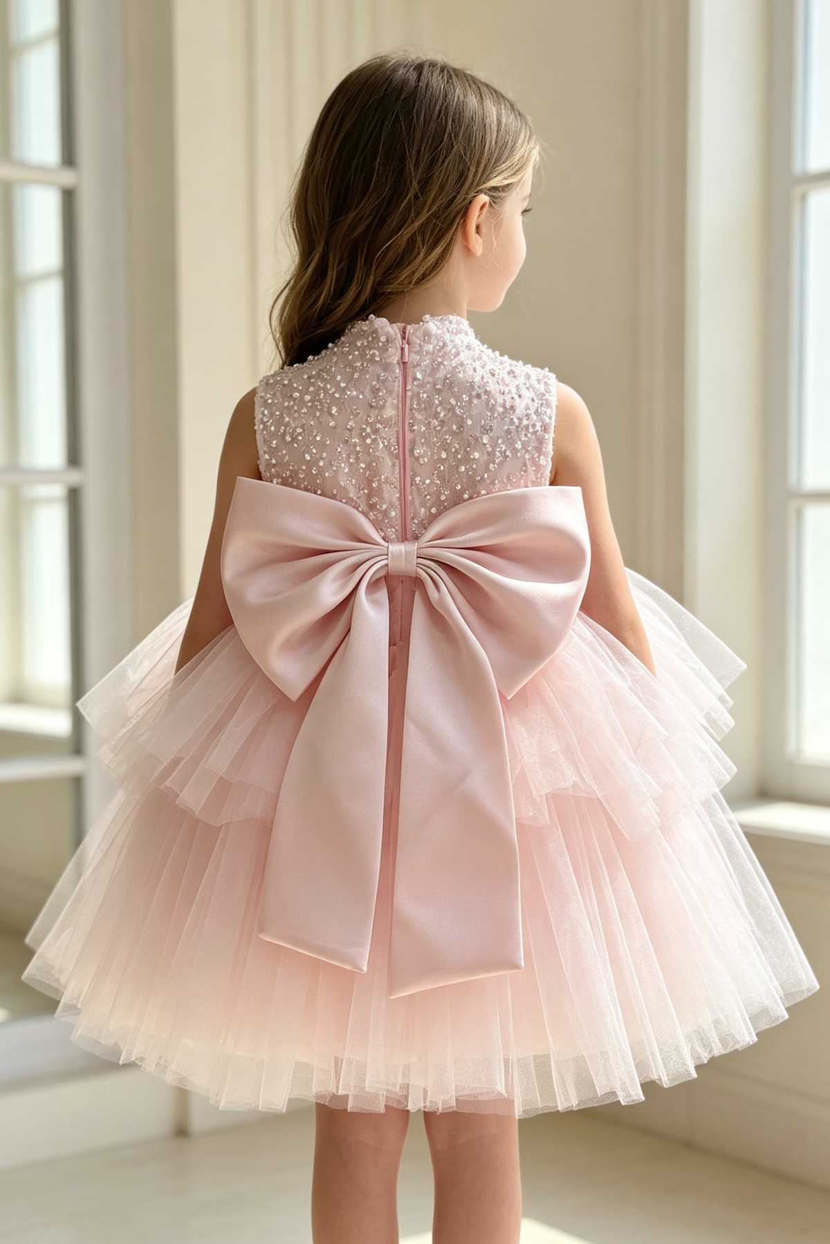Pink Sequin Pearl Sleeveless Big Satin Bow Layer Tulle A-Line Dress