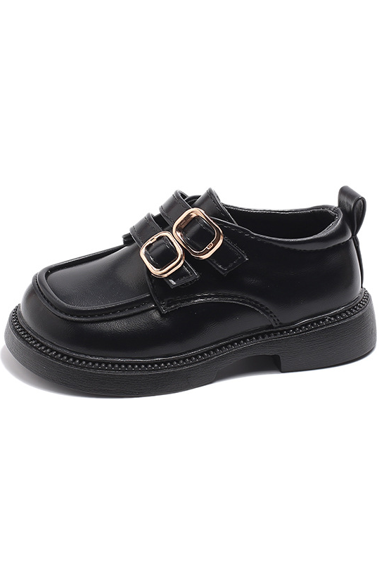 Black PU Leather Dual Buckle British Academy Loafers Kids Formal Dress Shoes