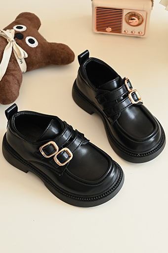 Black PU Leather Dual Buckle British Academy Loafers Kids Formal Dress Shoes