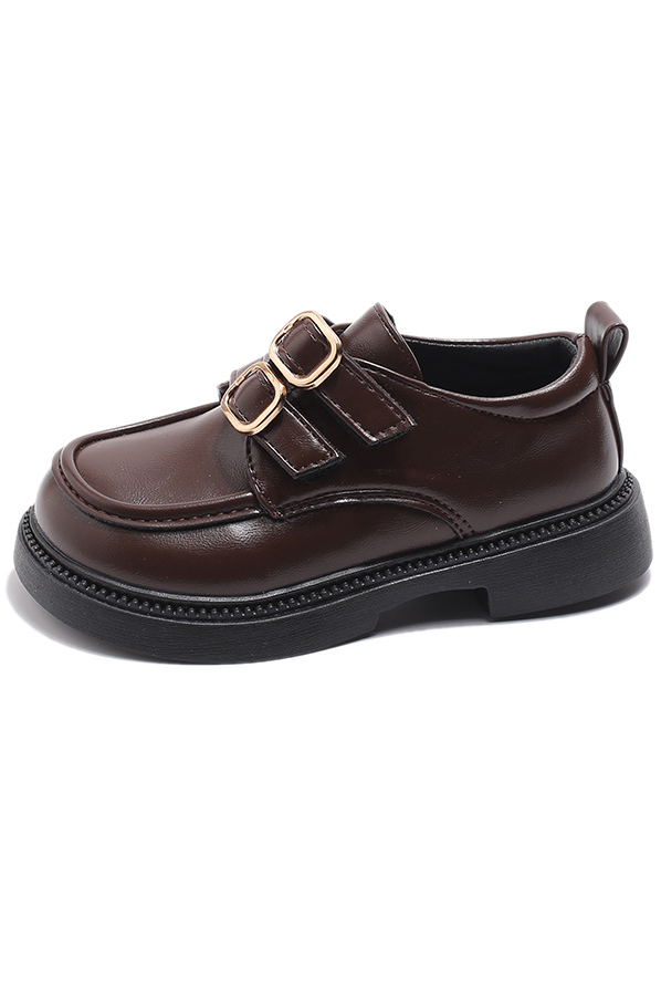 Black PU Leather Dual Buckle British Academy Loafers Kids Formal Dress Shoes