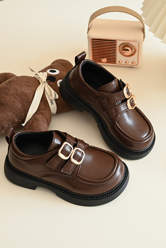 Black PU Leather Dual Buckle British Academy Loafers Kids Formal Dress Shoes