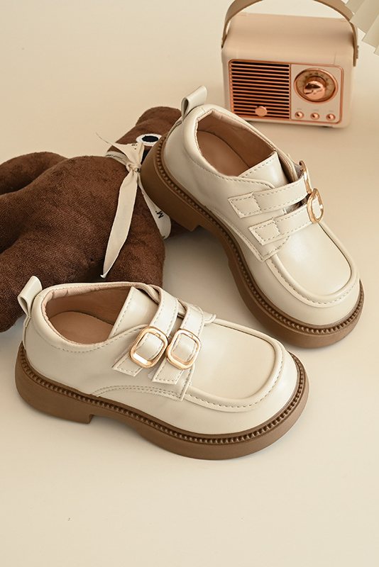 Black PU Leather Dual Buckle British Academy Loafers Kids Formal Dress Shoes