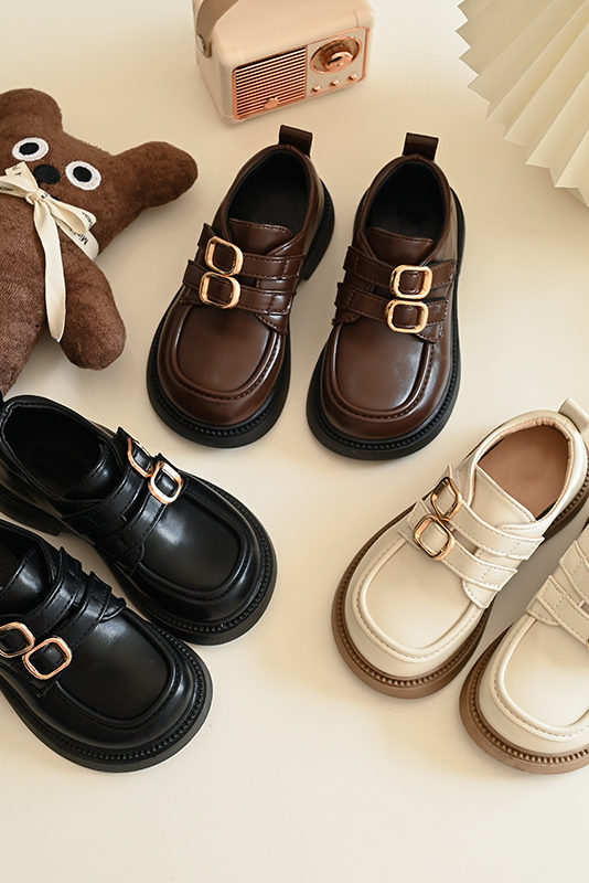 Black PU Leather Dual Buckle British Academy Loafers Kids Formal Dress Shoes