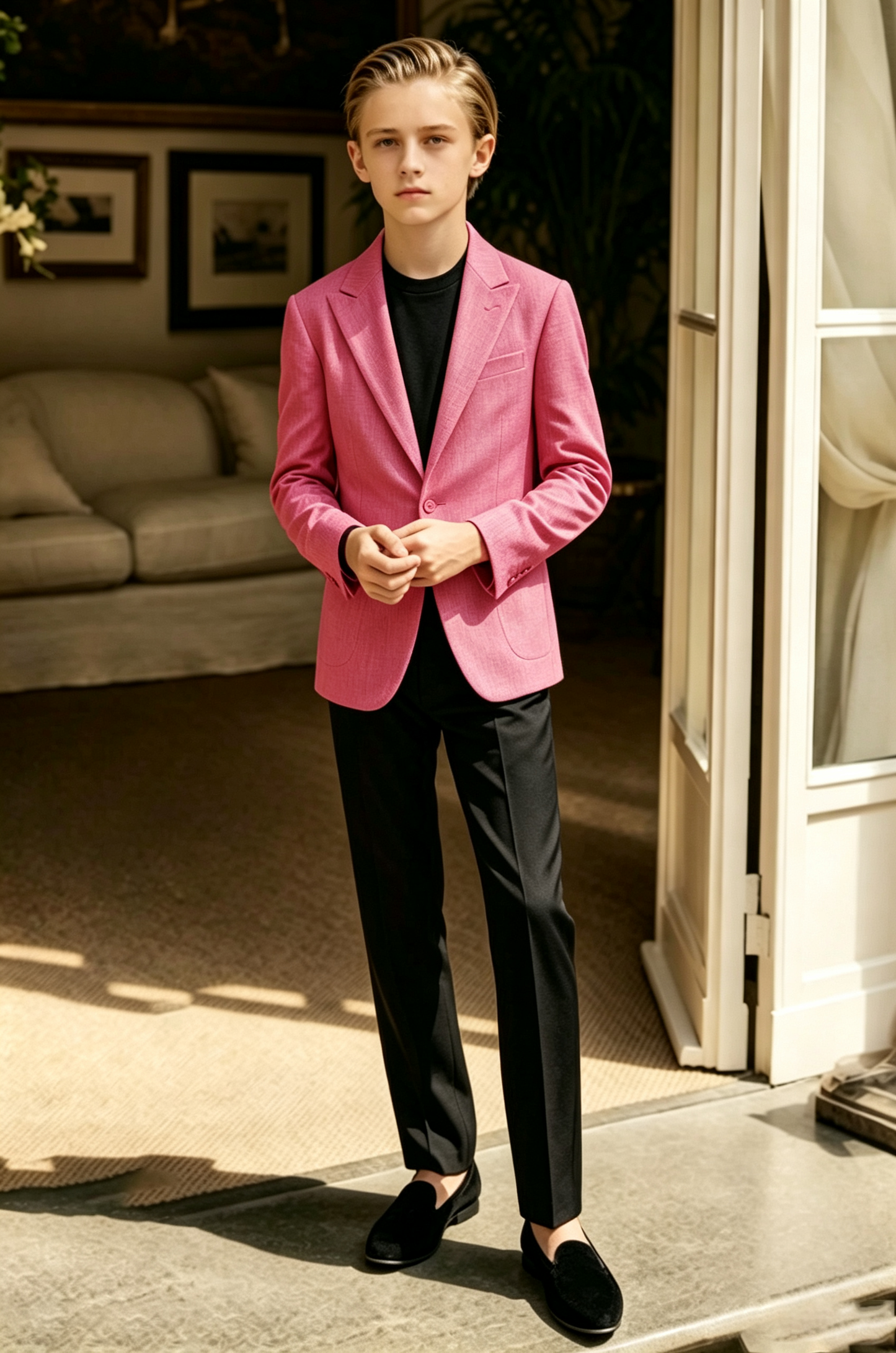 Rose Pink Black Cotton Linen-Blend Single Breasted Blazer 2-Piece Suit