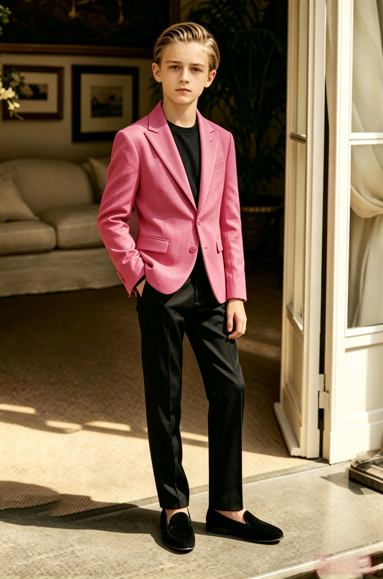 Rose Pink Black Cotton Linen-Blend Single Breasted Blazer 2-Piece Suit