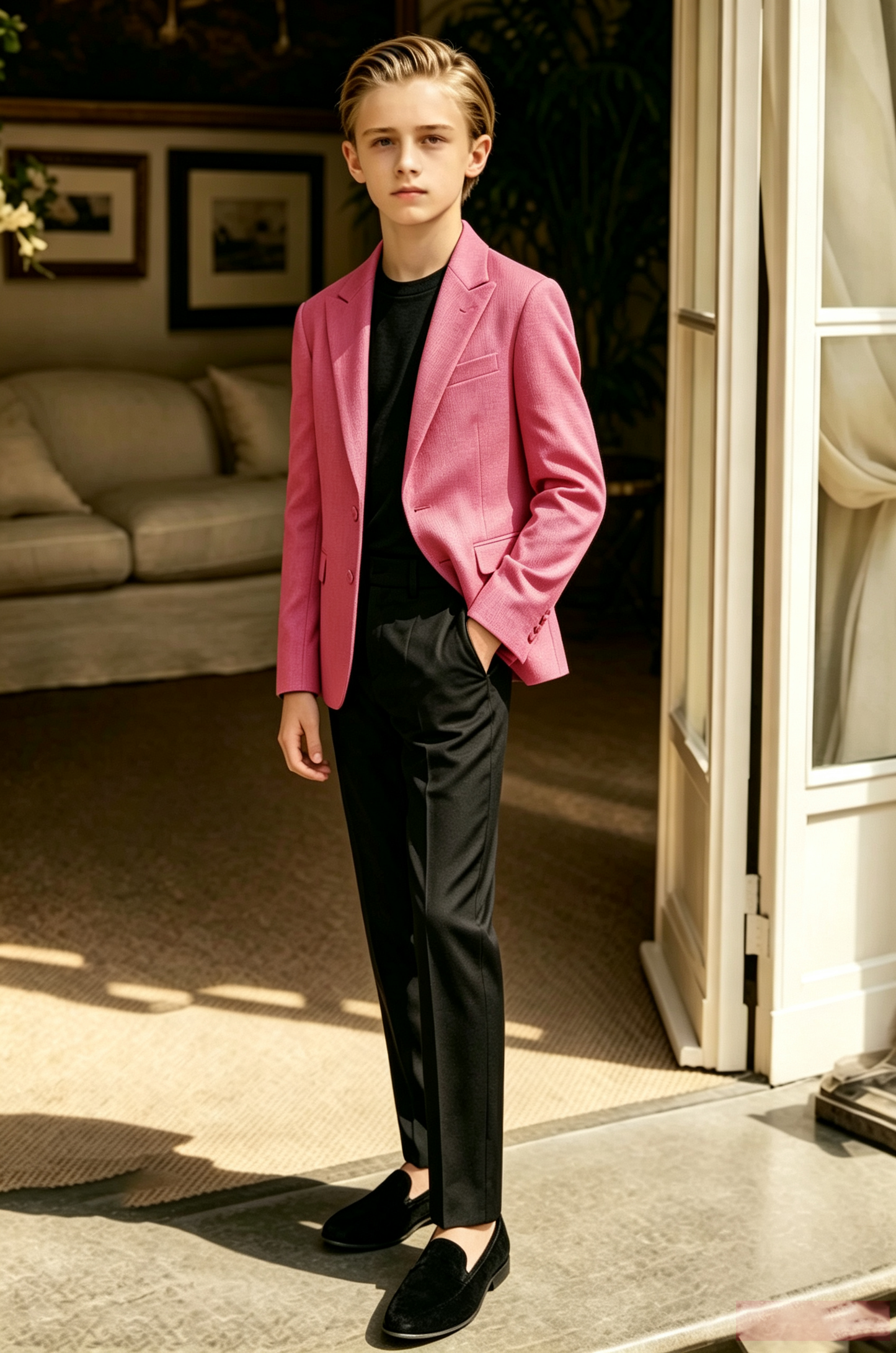 Rose Pink Black Cotton Linen-Blend Single Breasted Blazer 2-Piece Suit