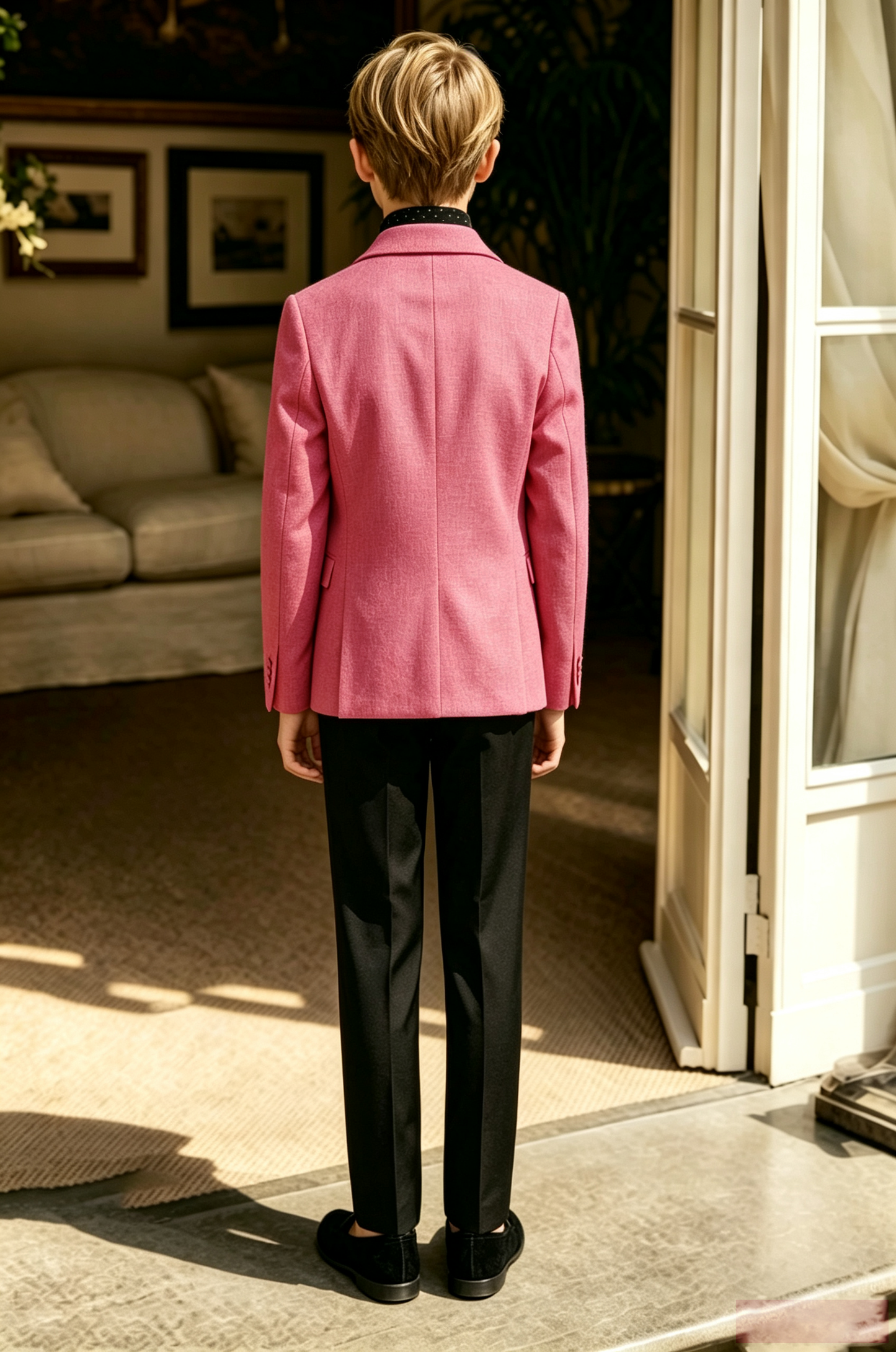 Rose Pink Black Cotton Linen-Blend Single Breasted Blazer 2-Piece Suit