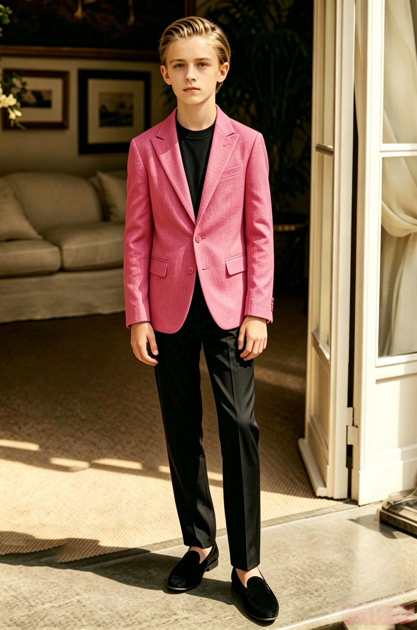 Rose Pink Black Cotton Linen-Blend Single Breasted Blazer 2-Piece Suit