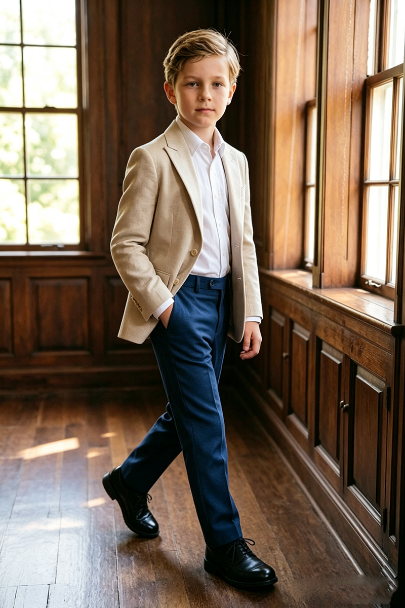 Boys Beige Notch Lapel Linen Blazer & Navy Trousers 2-Piece Suit for Wedding