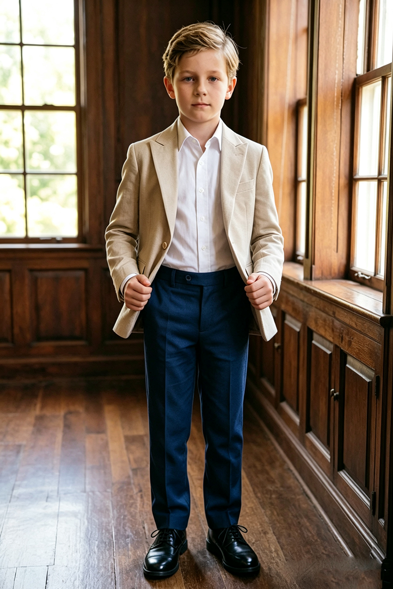 Boys Beige Notch Lapel Linen Blazer & Navy Trousers 2-Piece Suit for Wedding