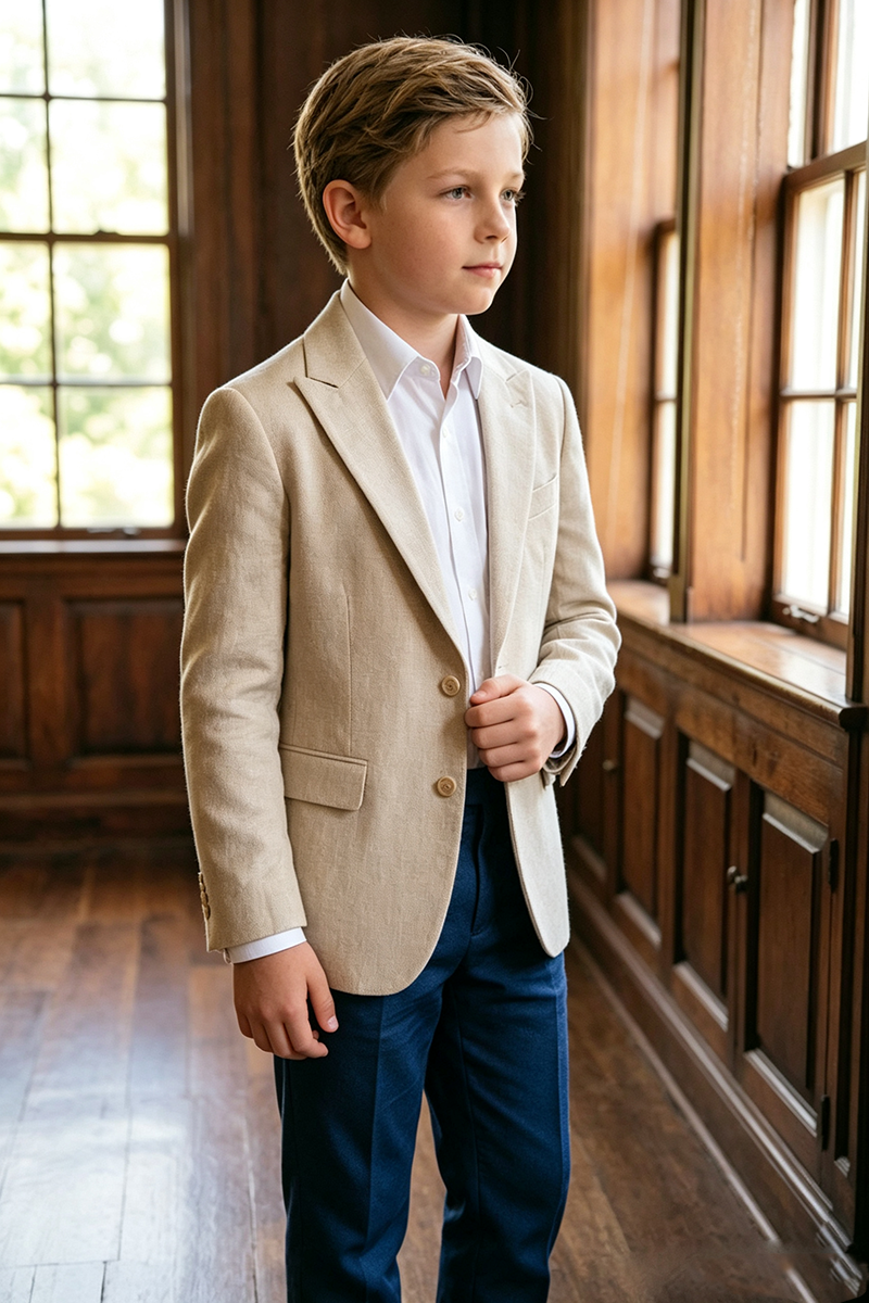 Boys Beige Notch Lapel Linen Blazer & Navy Trousers 2-Piece Suit for Wedding