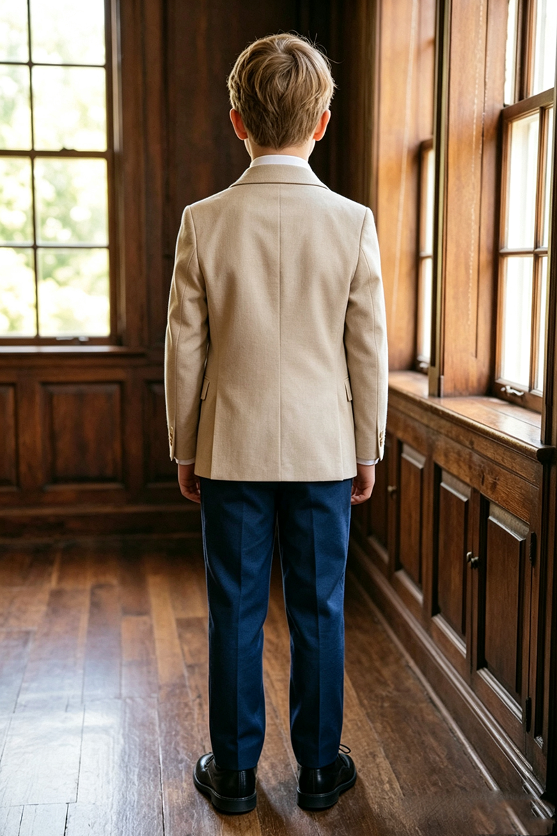 Boys Beige Notch Lapel Linen Blazer & Navy Trousers 2-Piece Suit for Wedding