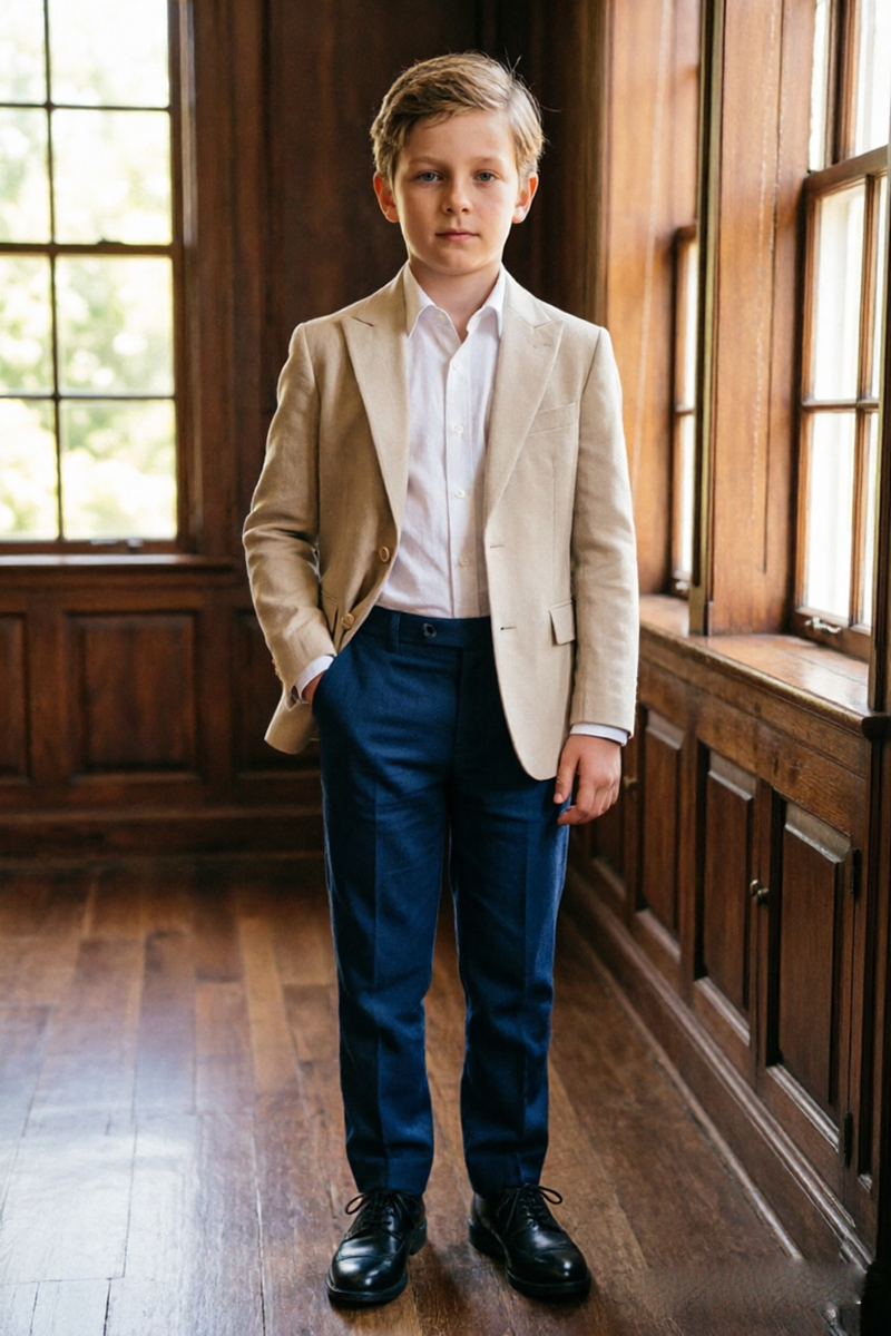 Boys Beige Notch Lapel Linen Blazer & Navy Trousers 2-Piece Suit for Wedding