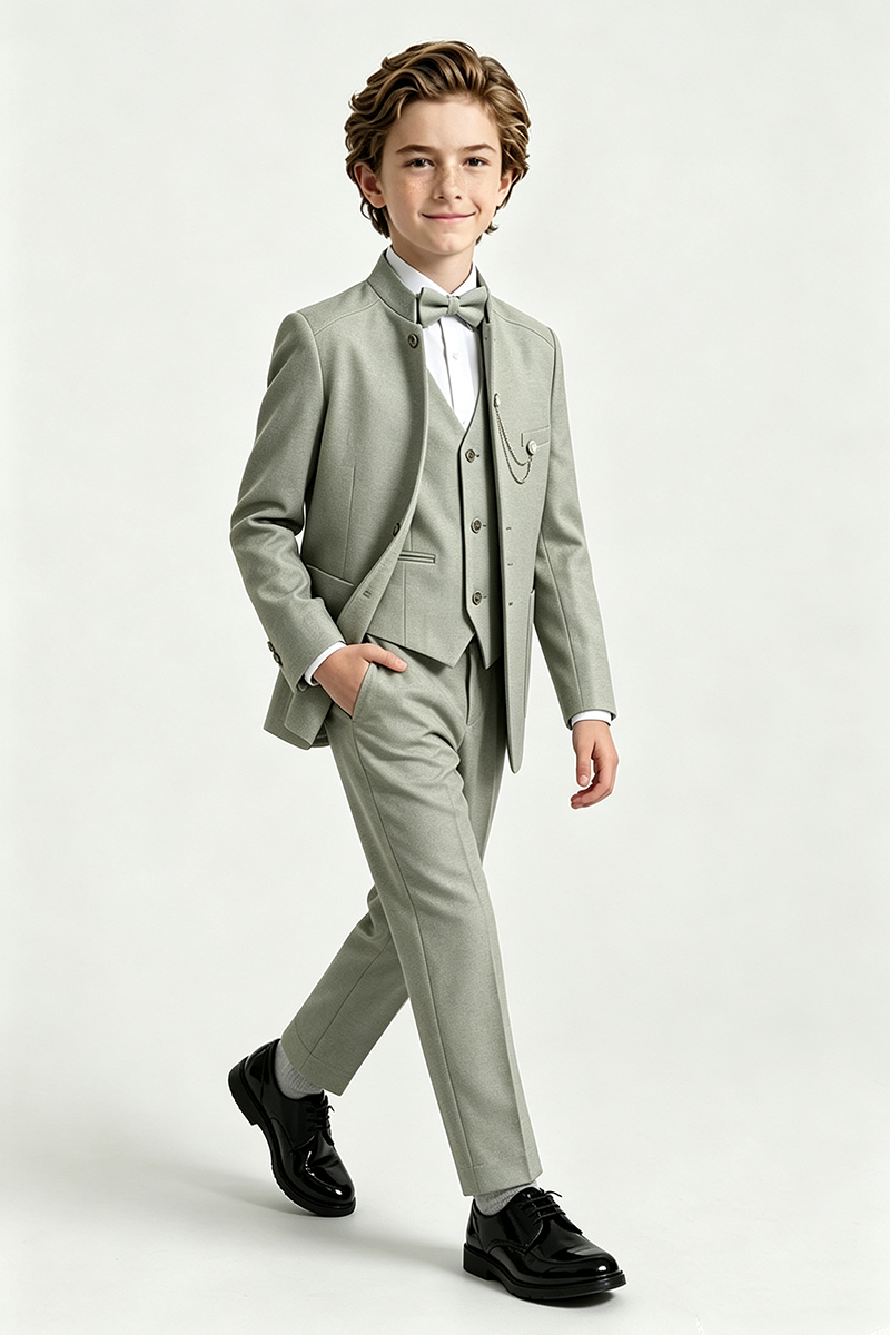 Boys Sage Stand Collar  3-Piece Suit for Wedding