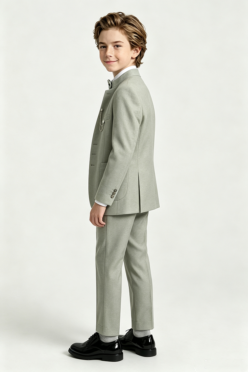 Boys Sage Stand Collar  3-Piece Suit for Wedding