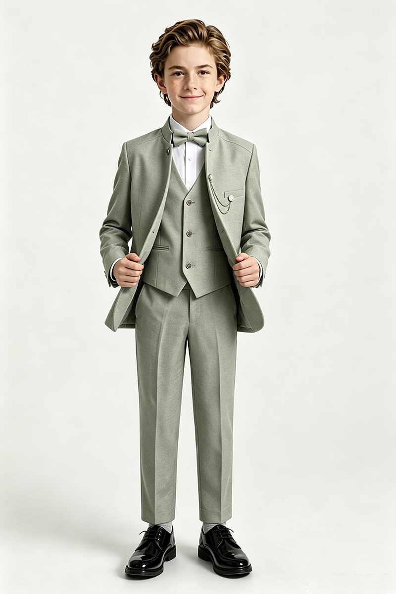 Boys Sage Stand Collar  3-Piece Suit for Wedding