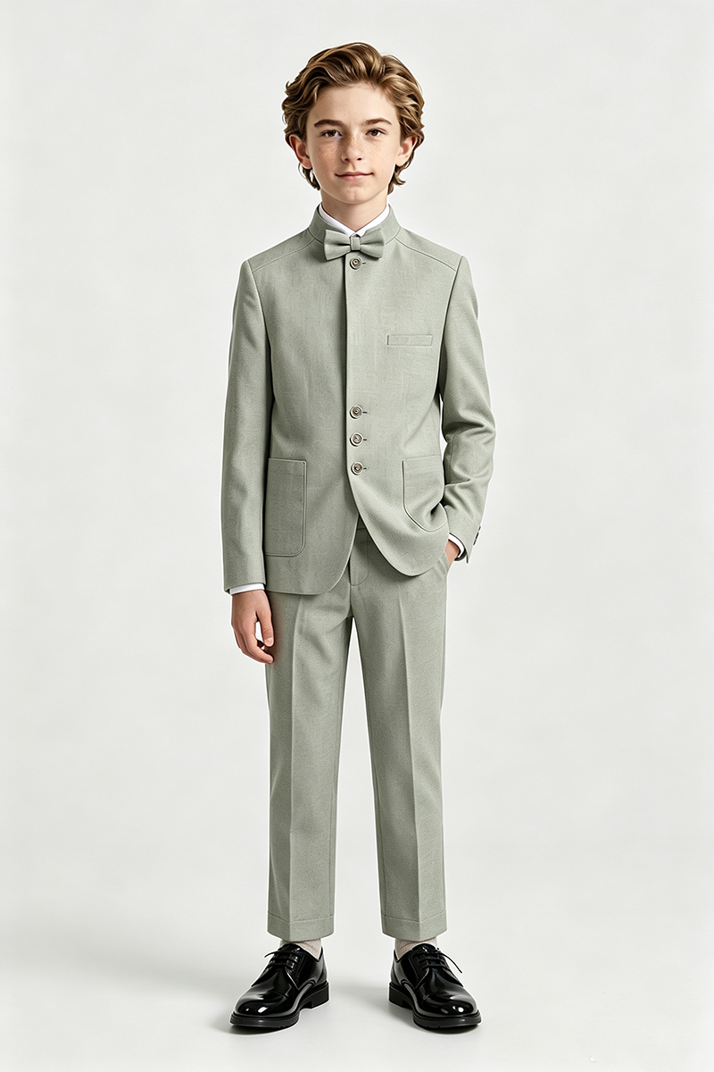 Boys Sage Stand Collar  3-Piece Suit for Wedding