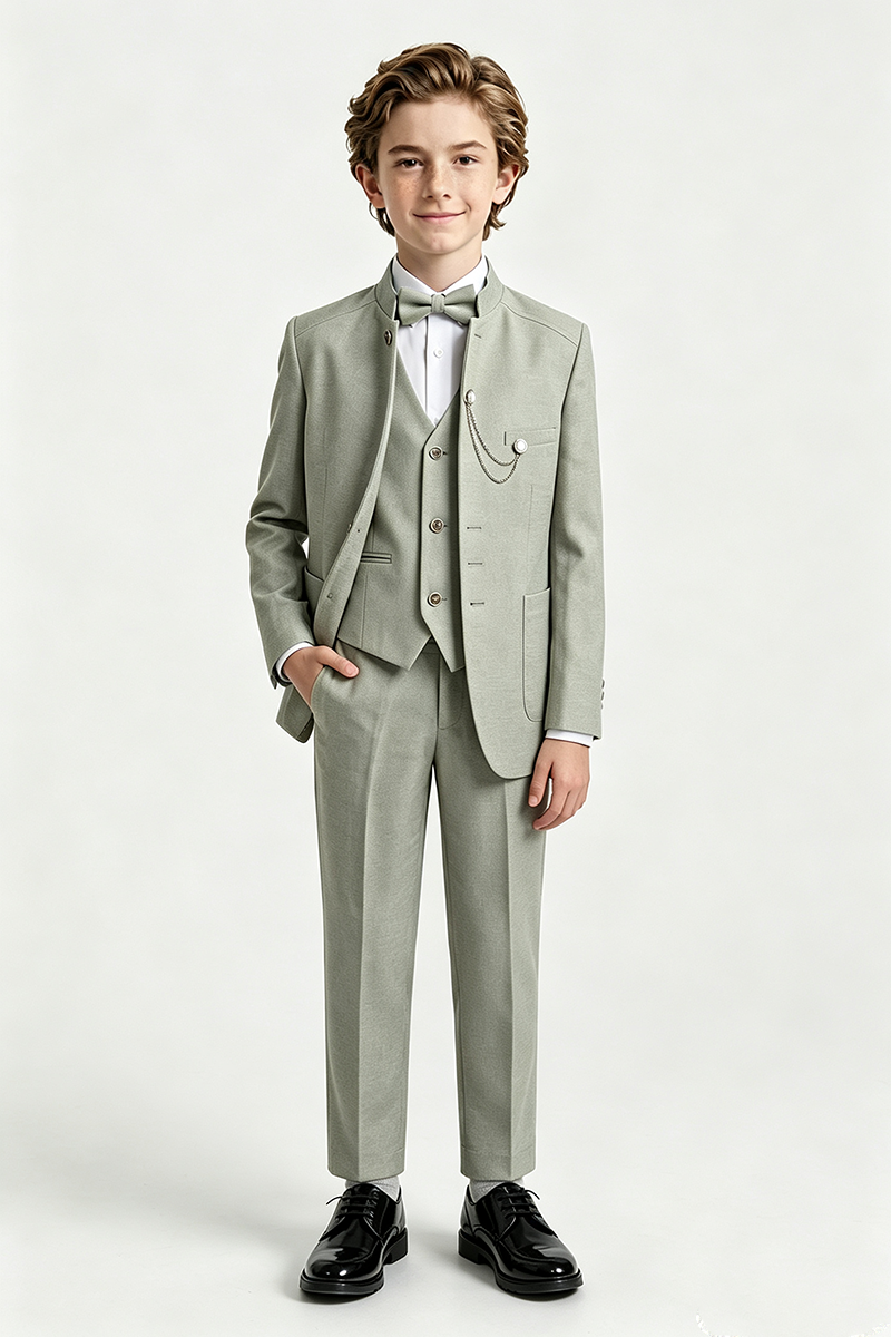 Boys Sage Stand Collar  3-Piece Suit for Wedding