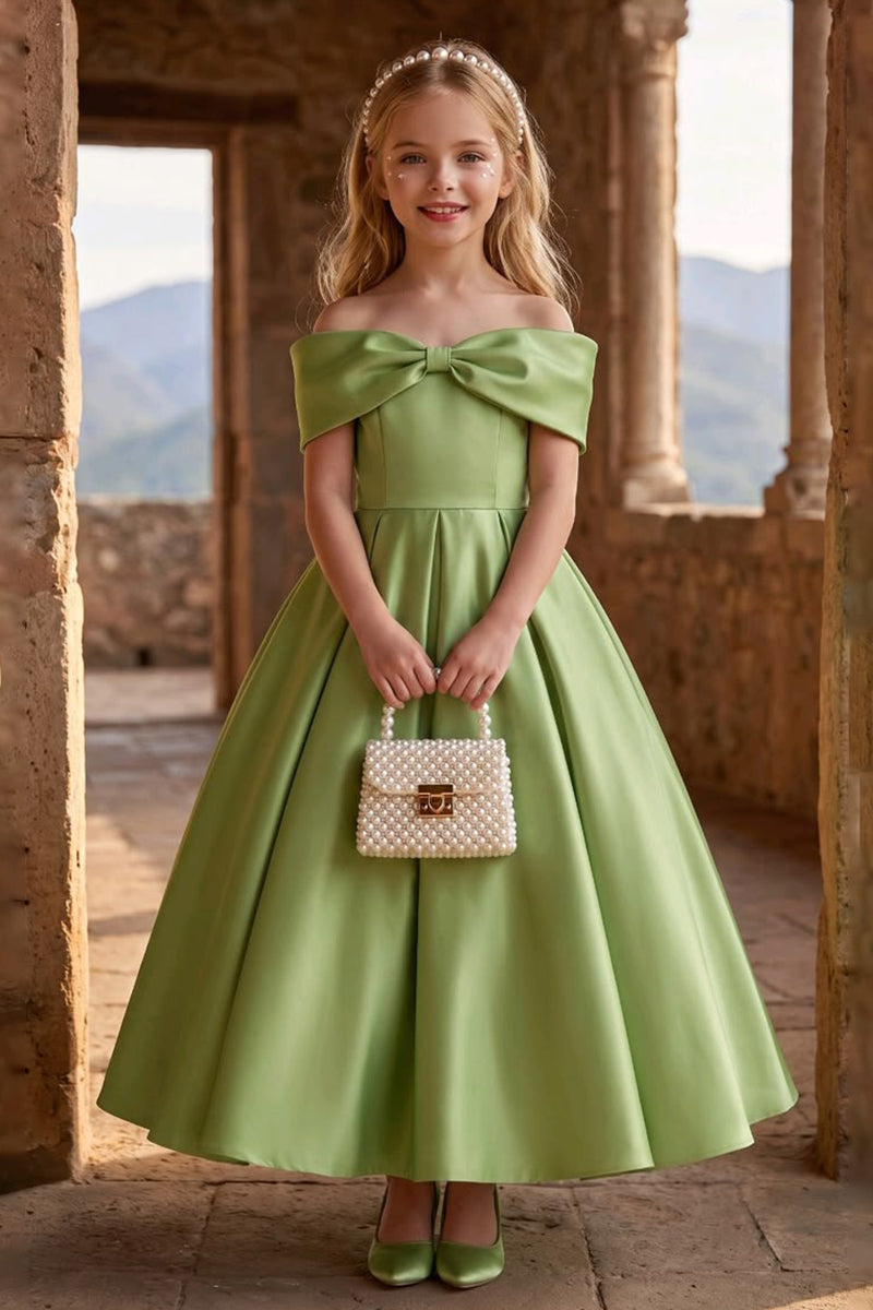 Girls Sage Off Shoulder Satin Maxi Gown with Front Bow for Wedding
