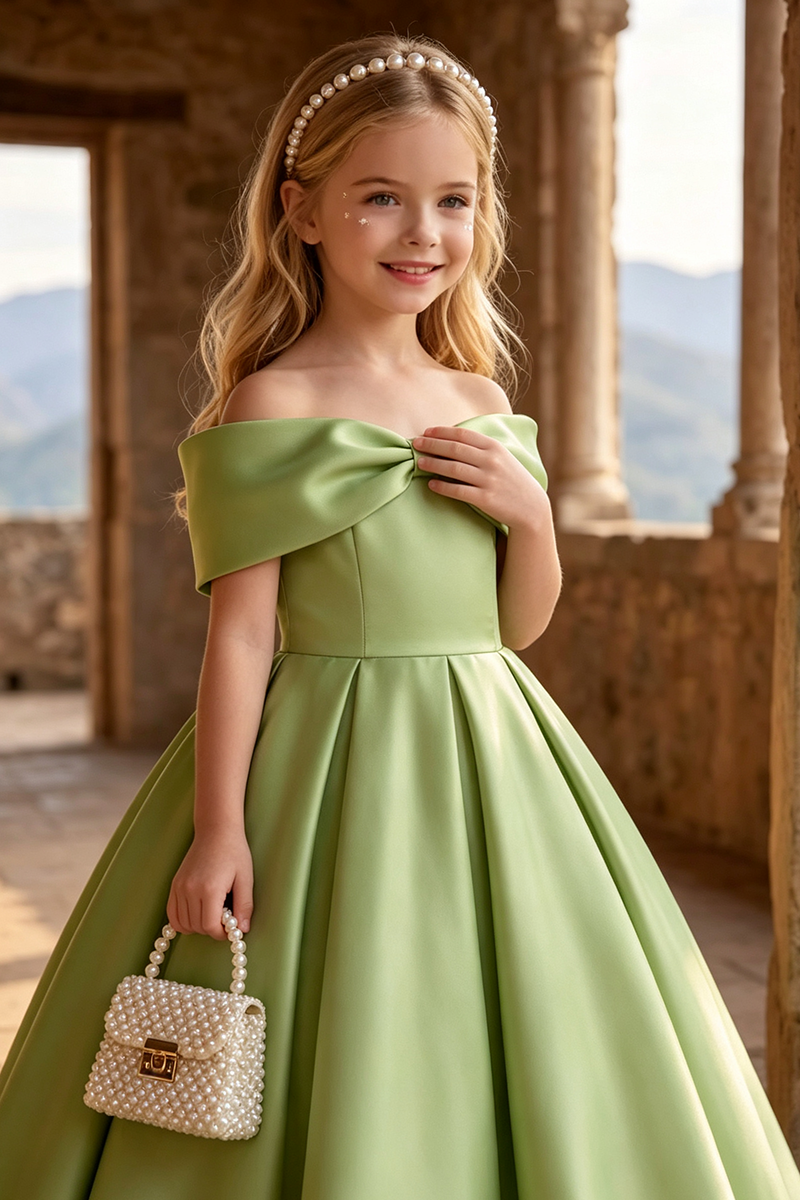 Girls Sage Off Shoulder Satin Maxi Gown with Front Bow for Wedding