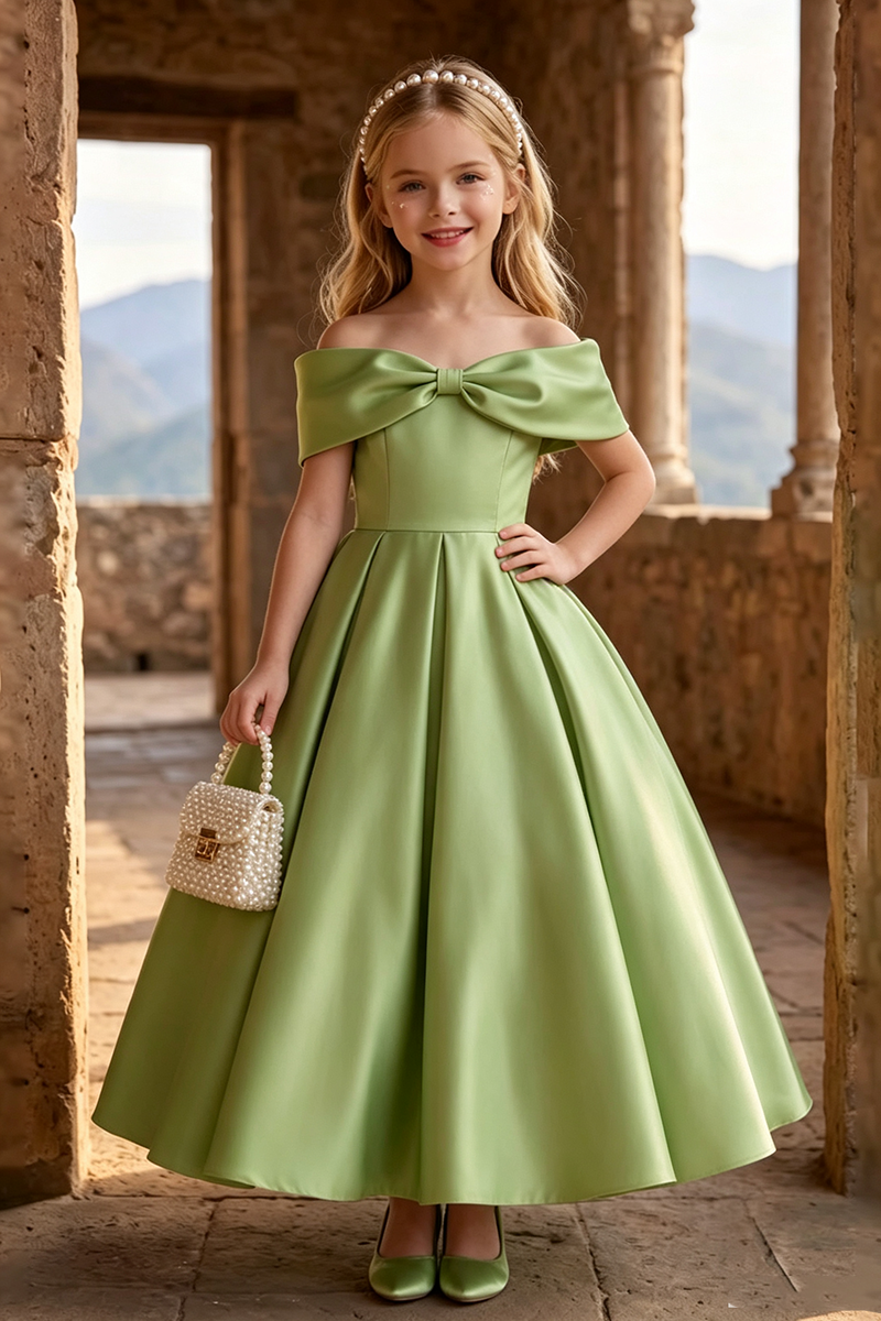 Girls Sage Off Shoulder Satin Maxi Gown with Front Bow for Wedding
