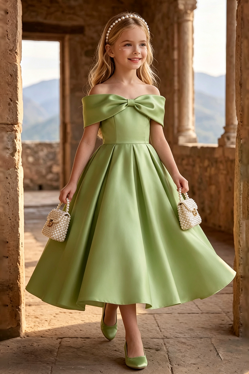 Girls Sage Off Shoulder Satin Maxi Gown with Front Bow for Wedding