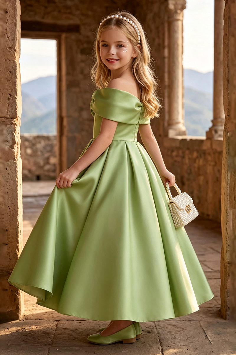 Girls Sage Off Shoulder Satin Maxi Gown with Front Bow for Wedding