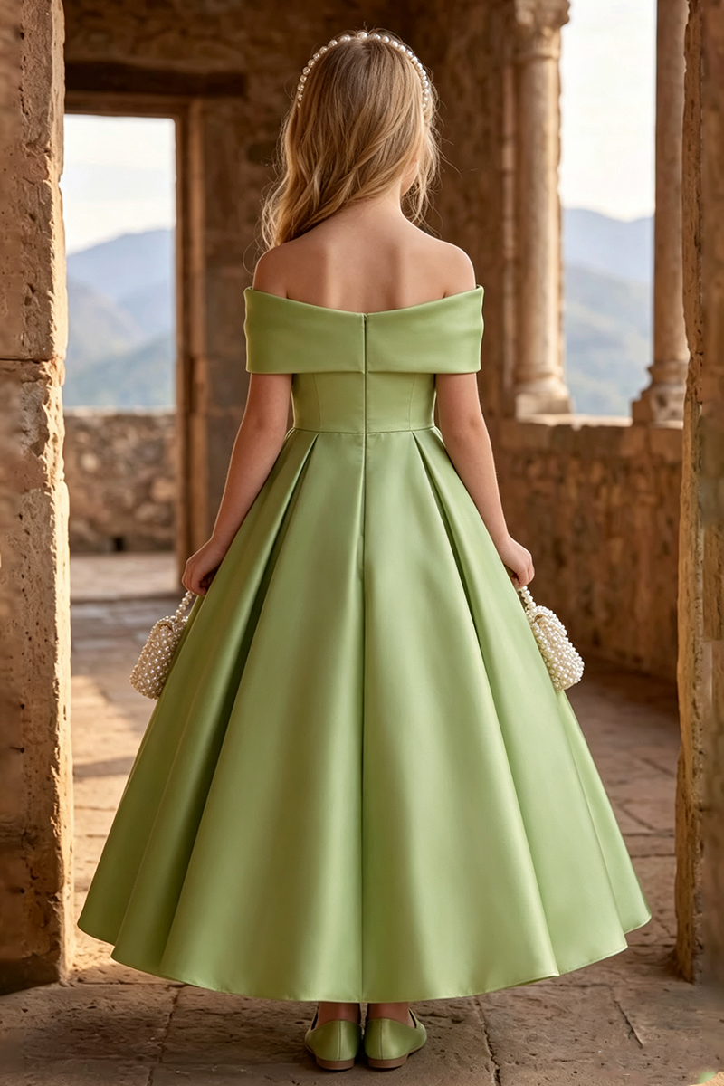 Girls Sage Off Shoulder Satin Maxi Gown with Front Bow for Wedding