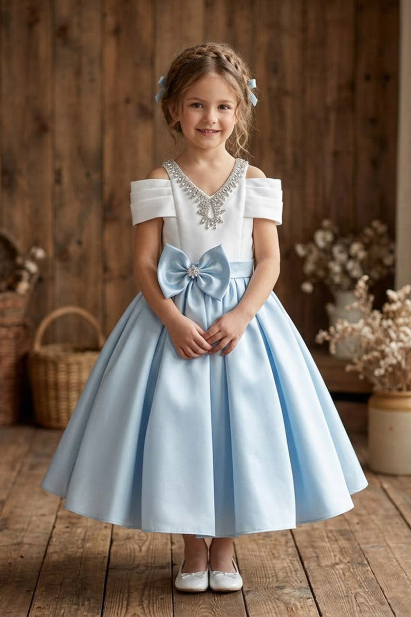 Girls Sky Blue Off Shoulder Satin Midi Dress with Rhinestone V-Neck & Waist Bow