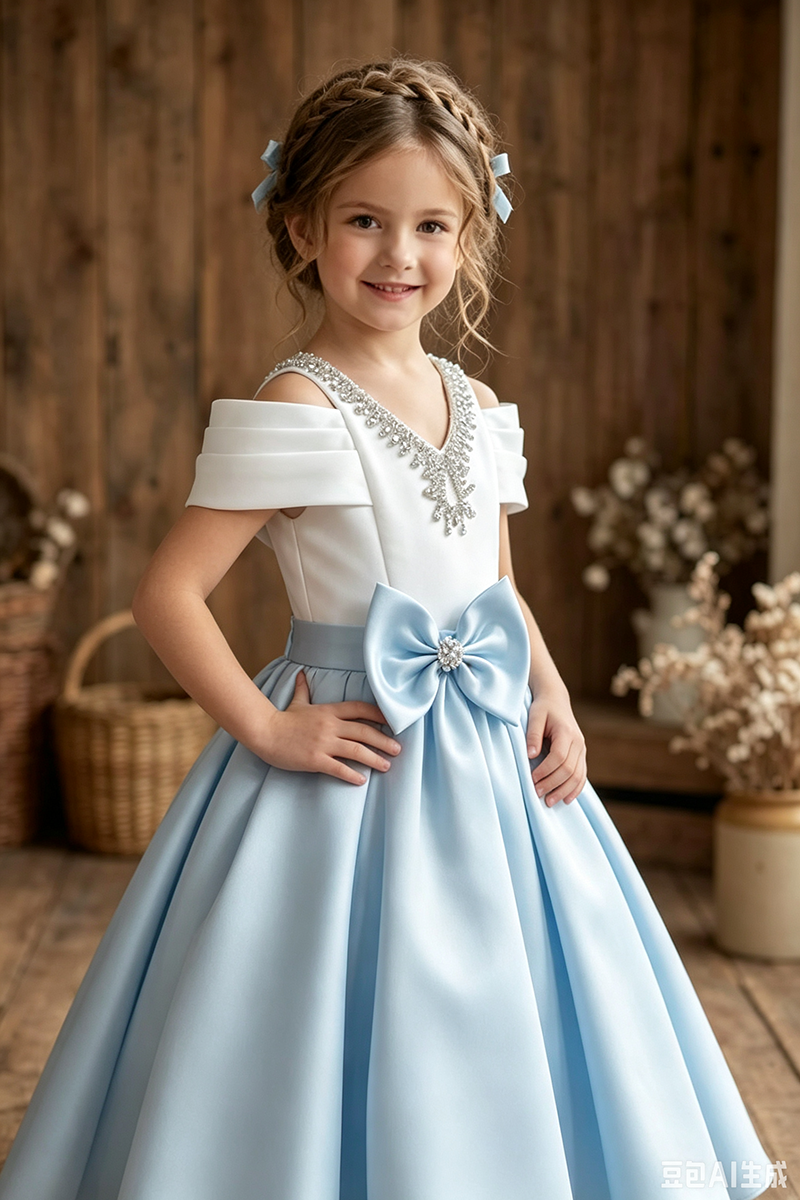 Girls Sky Blue Off Shoulder Satin Midi Dress with Rhinestone V-Neck & Waist Bow