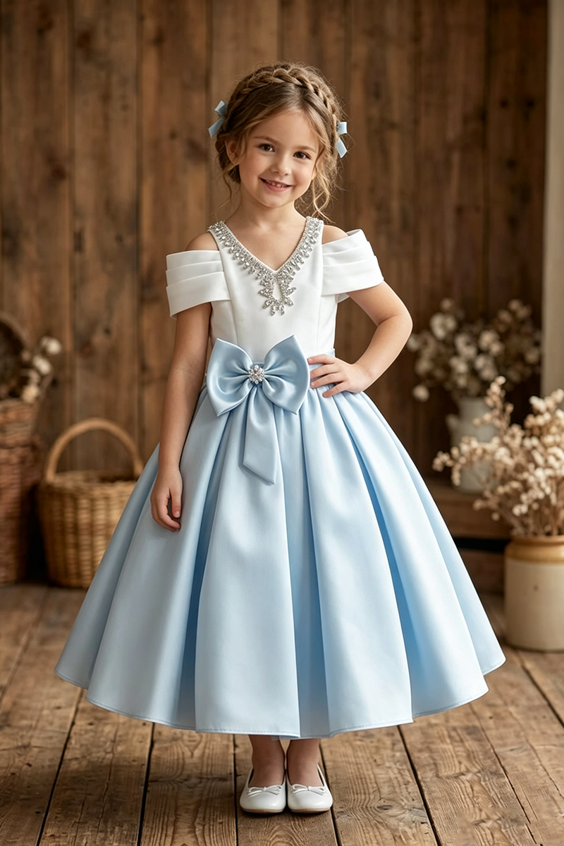 Girls Sky Blue Off Shoulder Satin Midi Dress with Rhinestone V-Neck & Waist Bow