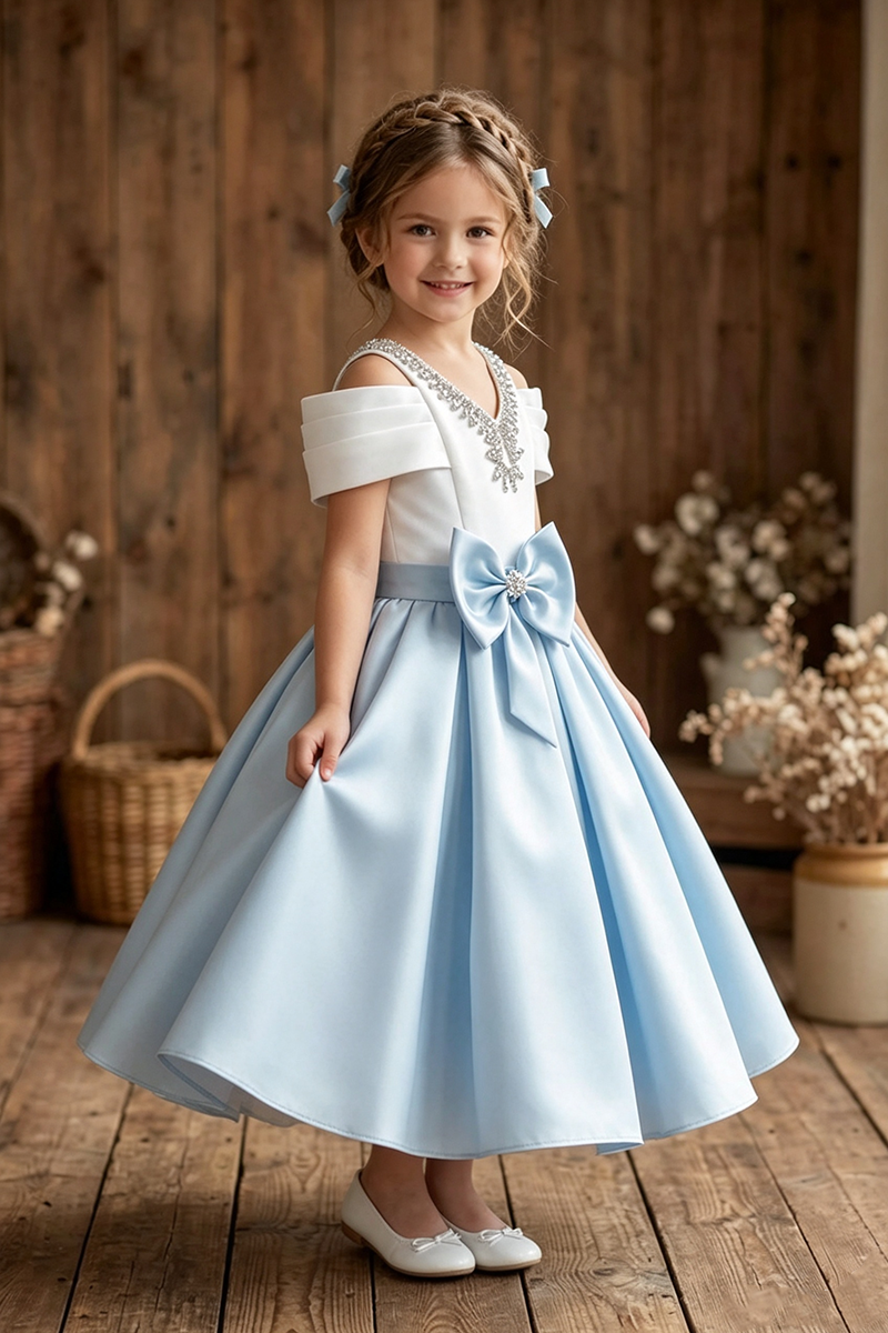 Girls Sky Blue Off Shoulder Satin Midi Dress with Rhinestone V-Neck & Waist Bow