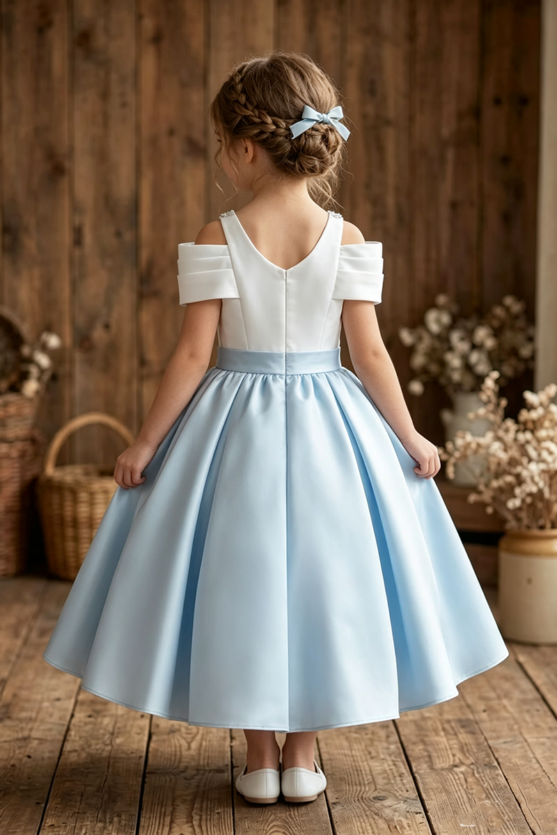Girls Sky Blue Off Shoulder Satin Midi Dress with Rhinestone V-Neck & Waist Bow